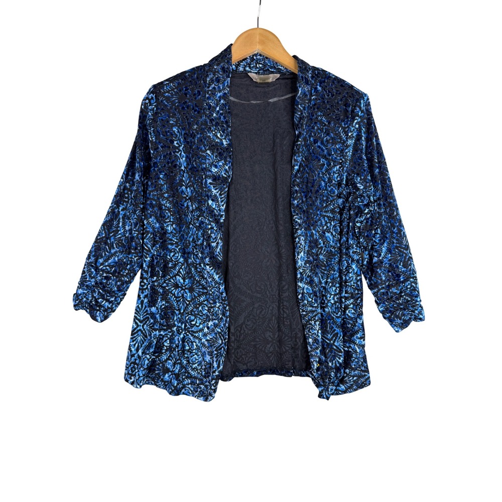 TanJay Womens Blue Cobalt Scroll Burnout Velvet Open Front Cardigan M 80879